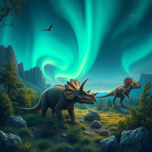 Create a high-resolution digital illustration of a prehistoric landscape featuring a Triceratops and a Stegosaurus among lush greenery and rocky formations, with a dramatic sky illuminated by the Northern Lights, using a DSLR camera with a 50mm lens, f/2.8 aperture, ISO 100, and a wide-angle view to capture depth and detail.