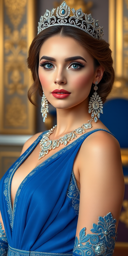 A gorgeous Kyrgyz woman in a luxurious blue gown, accessorized with a dazzling tiara and statement earrings, her deep blue eyes highlighted by impeccable makeup, poised in a royal setting, photorealistic, 8K quality