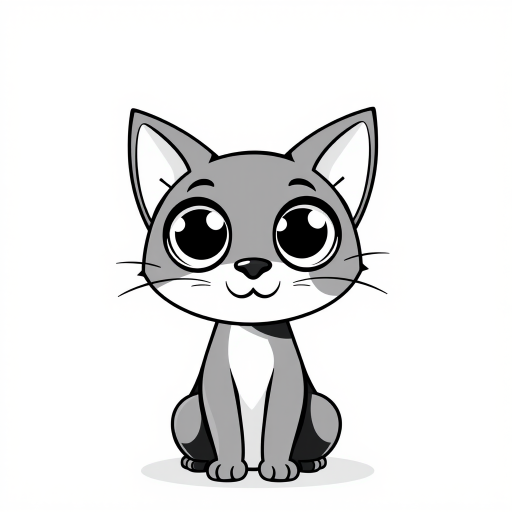 Create a simple black and white illustration of a cartoon cat with large round eyes and prominent ears the cat should have a minimalist design and a friendly expression the background should be plain white