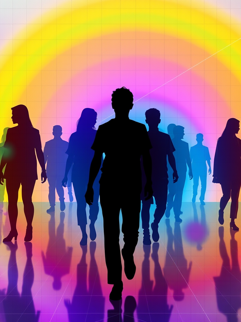 create a vibrant, abstract digital artwork depicting stylized human silhouettes with colorful gradients and a grid overlay, using a DSLR camera with a wide-angle lens at f/8, ISO 100, and 1/125 sec exposure in high resolution, capturing a dynamic and immersive perspective.