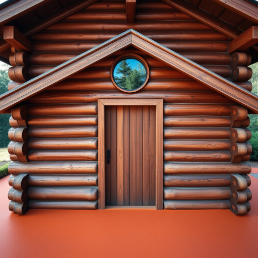 Generate an image of a wooden log cabin with a circular window and a door, set on an orange ground, captured with a DSLR camera at f/8, ISO 100, 50mm lens, in natural light with a front view and vibrant colors.