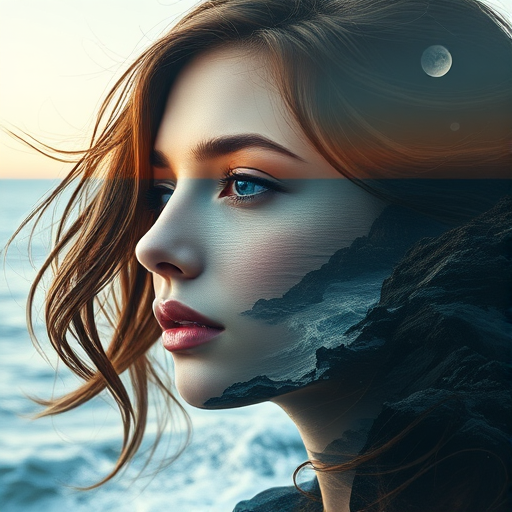 create Book cover, A surreal double exposure portrait that blends a woman's face with a beautiful seascape. The overall mood is dreamy and mystical, with rich colors and intricate details