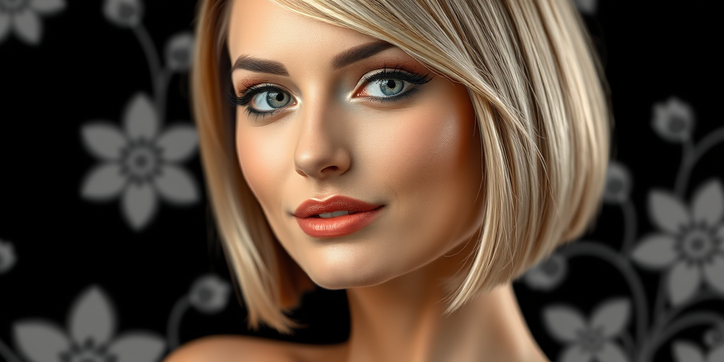 Create a digital portrait of an elegant woman with a sleek bob haircut, soft facial features, vivid eye makeup, and a subtle smile, set against a black background with white floral designs, using a Canon EOS R5, 85mm f/1.2 lens, ISO 100, aperture f/1.2, soft lighting for a dreamy effect.