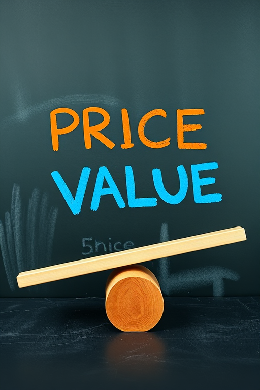 Create an image of a chalkboard with the words "PRICE" in orange and "VALUE" in blue, balanced on a chalk-drawn seesaw, using a high-resolution DSLR camera, 50mm lens, f/1.8 aperture, ISO 100, and a soft lighting setup for enhanced clarity and detail.