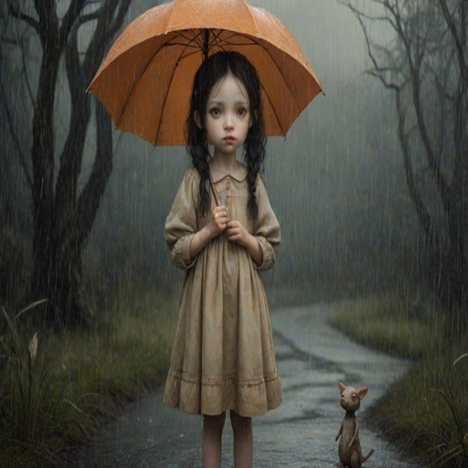An eerie, weird little girl with dark hair in thin pigtails, wearing a smock dress, standing in the rain, holding a dirty orange umbrella, a small, odd creature beside her. In a surreal style inspired by Nicoletta Ceccoli and Brian Froud. Dark fantasy themes