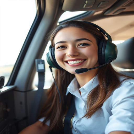 Portrait of a female pilot in the cockpit, smiling and wearing a headset, natural light, 50mm lens, f/1.8, ISO 200, shutter speed 1/100, captured from a slightly low angle to emphasize perspective and depth.