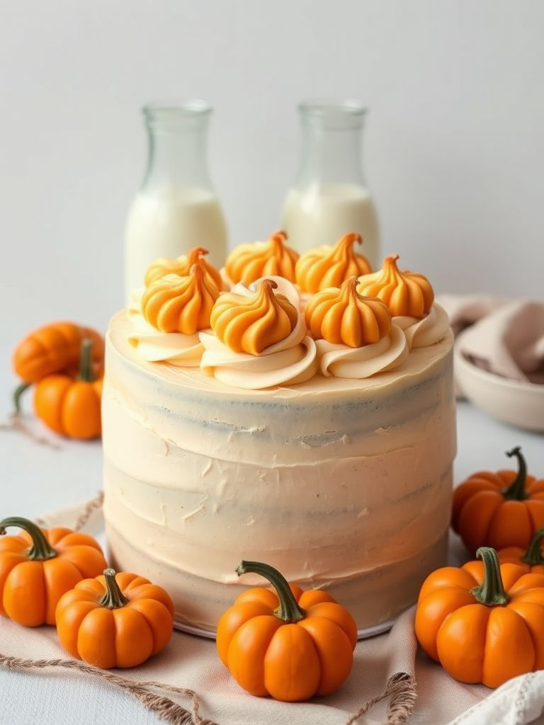 Create an image of a beautifully decorated cake with a creamy beige frosting topped with swirls of buttercream in a light color and orange pumpkin-shaped decorations. Surround the cake with several small orange pumpkins and a couple of glass bottles of milk in the background. The setting should feel cozy and autumnal, with a neutral backdrop to highlight the cake and decorations.