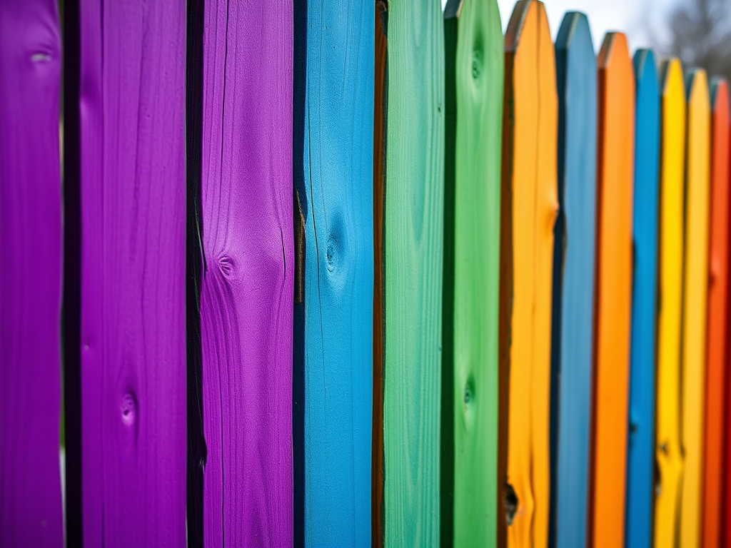 Create a vibrant wooden fence with vertical planks in various colors including purple, blue, green, yellow, orange, and red, captured with a DSLR camera at f/2.8, 1/125s, ISO 100, using a macro lens for enhanced detail and clarity.