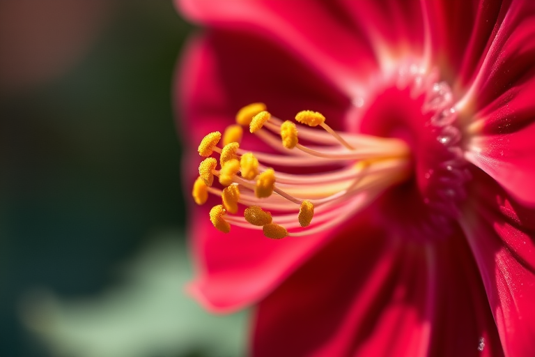 high-resolution close-up of a red flower with yellow stamen, captured in natural light, using a macro lens at f/2.8, ISO 100, 1/200s, DSLR camera style