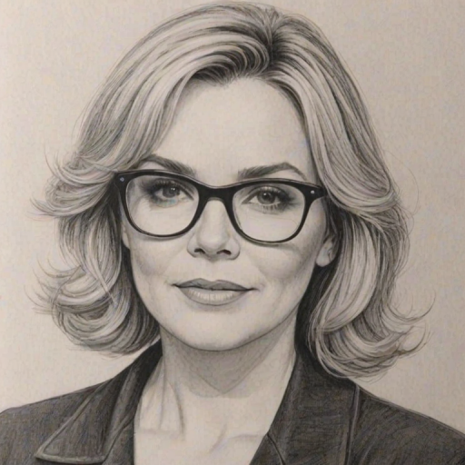 Bewitching Kim Cattrall, pencil sketch, portrait of Wonderful woman 1962s in glasses, hair style beatnik, outline, clear lines, fine lines, 8k