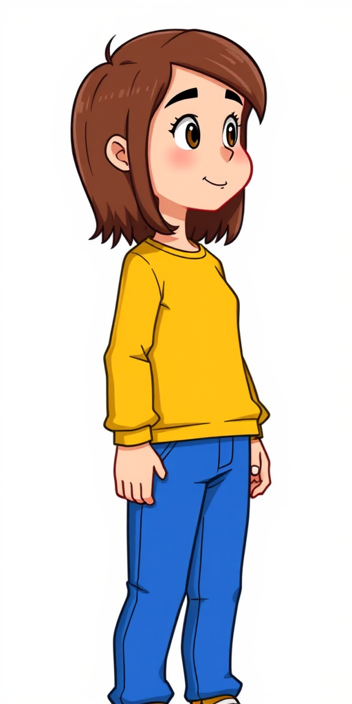 Generate a cartoon-style character standing in profile, wearing a yellow long-sleeve shirt and blue pants, with medium-length brown hair; camera settings: ISO 100, f/4, 1/100s; camera view: side view; camera style: vibrant colors; camera type: digital illustration.