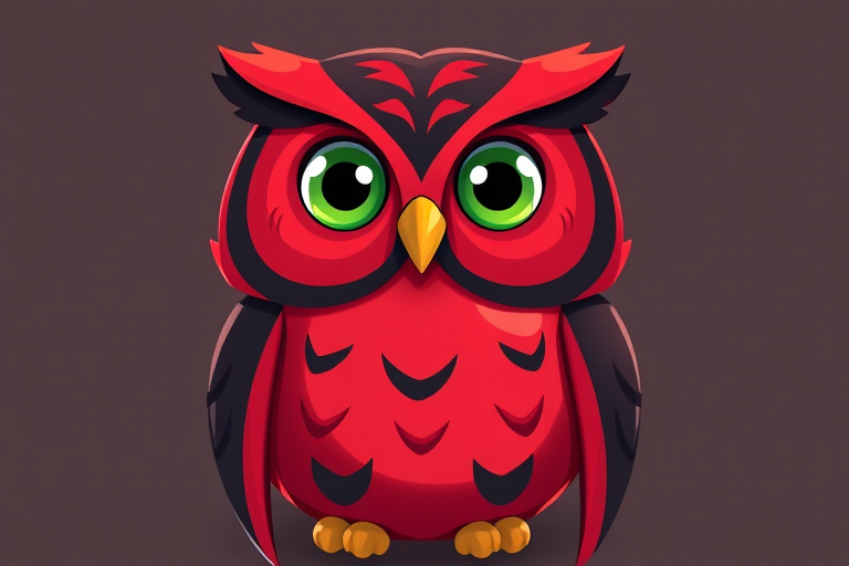 Create a stylized illustration of a cartoon owl with vibrant red and black colors, large green eyes, and a smooth, glossy finish, shot with a Canon EOS R5 at f/2.8, ISO 100, 50mm lens, with a slight bokeh effect for an artistic touch.