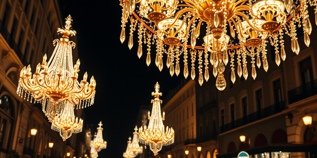 capture a nighttime street scene featuring ornate chandeliers made of lights hanging above, well-lit buildings in the background, focus on the intricate details of the chandeliers, use a DSLR camera with a 50mm lens, aperture set to f/1.8, ISO 400, shutter speed 1/60s, shoot from a low angle for dramatic perspective