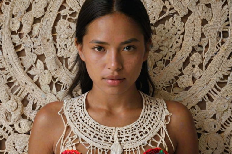 Face, shoulders, chest covered in openwork Maya embroidery. Raw, unedited image.