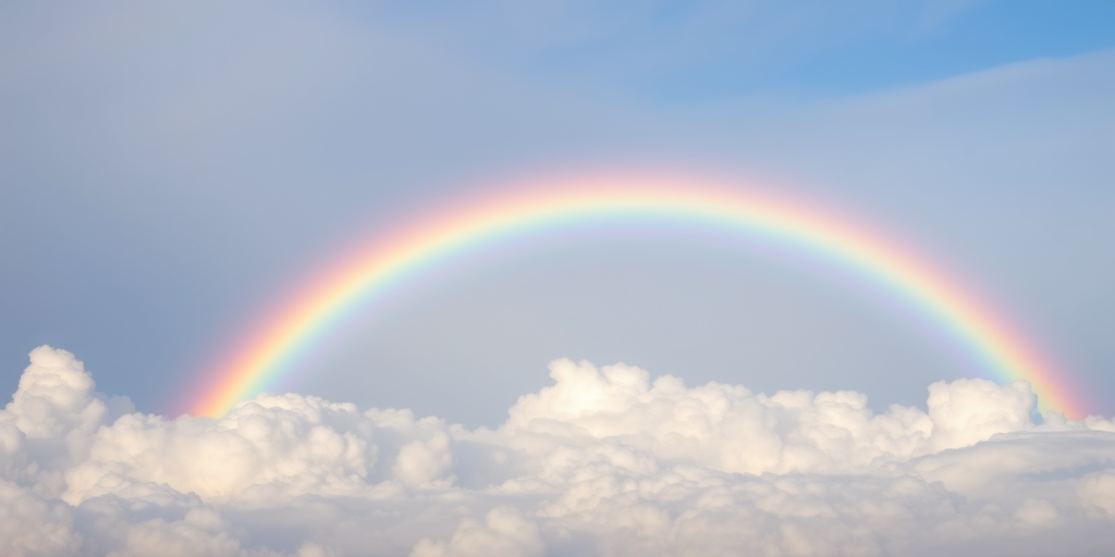 a vibrant rainbow arching across a light blue sky above fluffy white clouds with a smooth gradient of colors