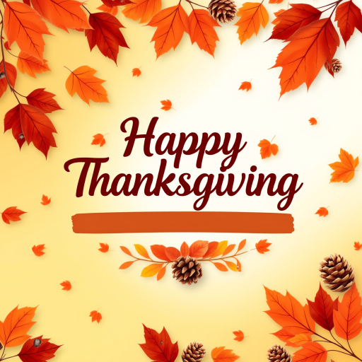 Create a warm and festive autumn-themed image with a gradient background of orange and yellow hues. Include a variety of falling leaves in shades of red, orange, and brown. In the center, display the text "Happy Thanksgiving" in a stylish and inviting font, using a dark brown color for contrast. Add subtle decorative elements like pine cones and additional leaves for a cozy, seasonal feel.