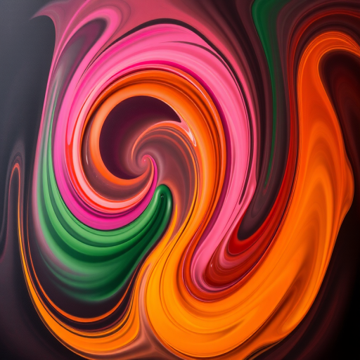Create an abstract art piece featuring vibrant swirls in shades of pink, orange, green, and yellow on a dark background with smooth gradients, using a Canon EOS R5 with a 50mm f/1.2 lens, ISO 100, aperture f/8, and shutter speed 1/125s to enhance image clarity and depth.