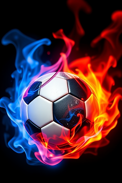 Create an image of a dynamic soccer ball surrounded by vibrant blue and red flames, captured in a close-up shot with a 50mm lens at f/1.8, ISO 100, and a shutter speed of 1/500 sec, using a high-resolution DSLR camera to enhance color contrast and clarity.