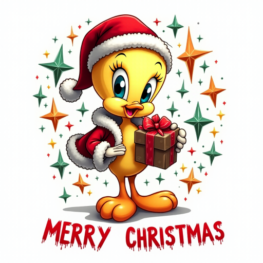 Merry Christmas” cosmic star art tweety bird wearing a Christmas hat and Santa jacket holding gift with a big bow tweety bird is extremely detailed and vibrant behind her is star cosmic design on white background that’s all Christmas colors red green white the words “MERRY CHRISTMAS” is written at the bottom in red electric font outline in black 3000dpi 32k