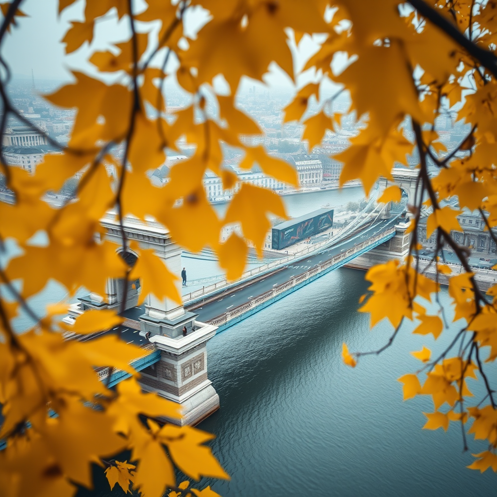 Capture an overhead shot of the Liberty Bridge in Budapest during autumn, with vibrant yellow leaves in the foreground, using a Canon EOS R6, 35mm lens, f/2.8 aperture, ISO 200, with a soft focus background to enhance depth.