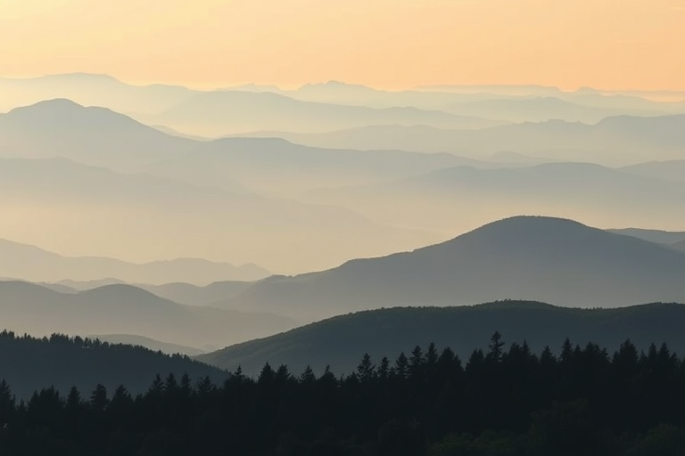 Regenerate a serene landscape image featuring layered mountains with varying shades of blue and green, in the foreground dense silhouettes of trees, using a DSLR camera with a focal length of 35mm, aperture set to f/8, ISO 200, shot in soft natural light during sunrise for enhanced color depth.