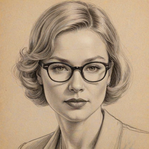 Appealing Ren'e Zellweger, pencil sketch, portrait of Dazzling woman 1933s in glasses, hair style beatnik, outline, clear lines, fine lines, 8k