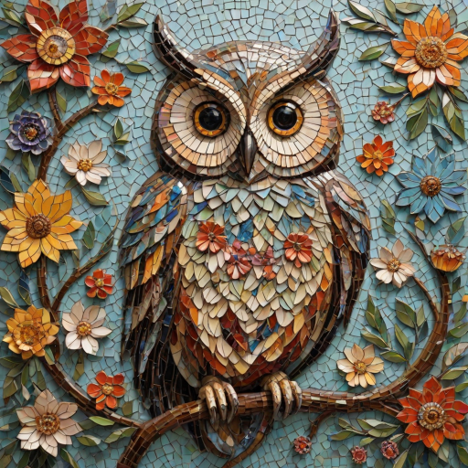 A mosaic of floral owls, one owl intricately composed of individual flower blossoms. The design showcases a delicate balance of nature and form, where the feathers of the owls are replaced by vibrant petals and blooms. The overall appearance is whimsical yet detailed, with each floral element contributing to the intricate patterns of the owl’s body. The artwork embraces a raw, organic style, with natural hues and soft textures, creating a harmonious blend of flora and fauna. The mosaic arrangement adds depth and visual intrigue to the piece, evoking a sense of wonder and artistic beauty.