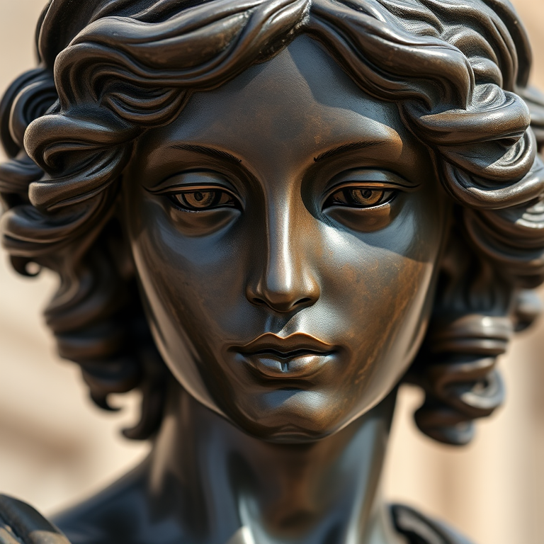 Regenerate a close-up of a bronze statue of a woman with curly hair, captured with a Canon EOS R5, 50mm lens, f/1.8 aperture, ISO 100, natural lighting, and a shallow depth of field to enhance details.