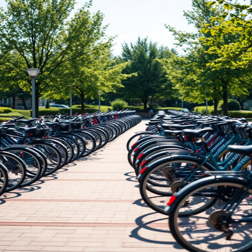 a bustling bike parking area with various bicycles in a sunlit setting, shallow depth of field, f/4 aperture, ISO 100, natural lighting, shot with a DSLR camera from a slightly elevated angle to capture the arrangement of bikes and surrounding greenery