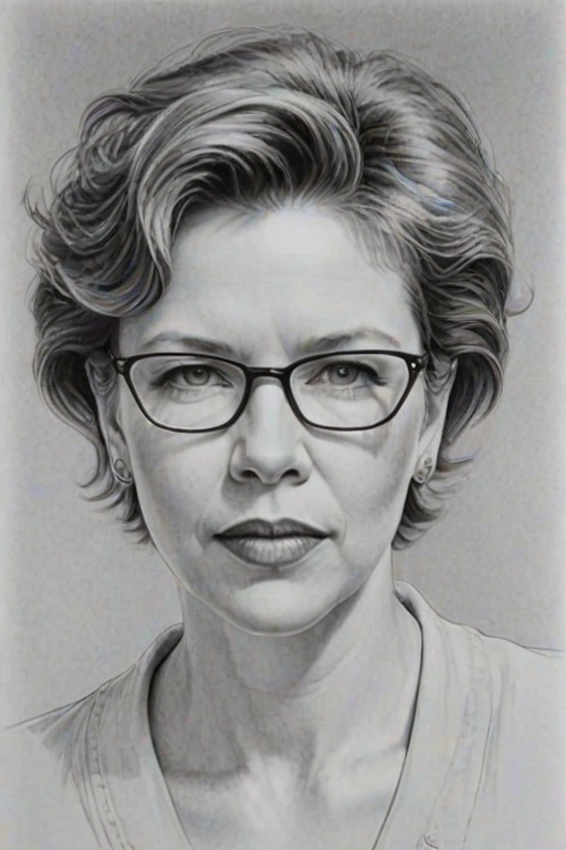 Attractive Annette Bening, pencil sketch, portrait of Resplendent woman 1951s in glasses, hair style beatnik, outline, clear lines, fine lines, 8k