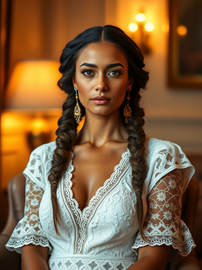 Create a portrait of a refined and elegant Berber woman seated in a sophisticated setting. She has long, wavy hair styled in two thick braids that are pulled over her shoulders. She wears a white, lace gown with intricate patterns, featuring a deep V-neckline and short sleeves. The dress exudes a vintage charm with its delicate lacework. She is adorned with ornate, dangling earrings that add a touch of glamour to her appearance. The background is softly lit, with warm, ambient lighting that creates a cozy and inviting atmosphere. Her expression is poised and serene, capturing a sense of grace and elegance.