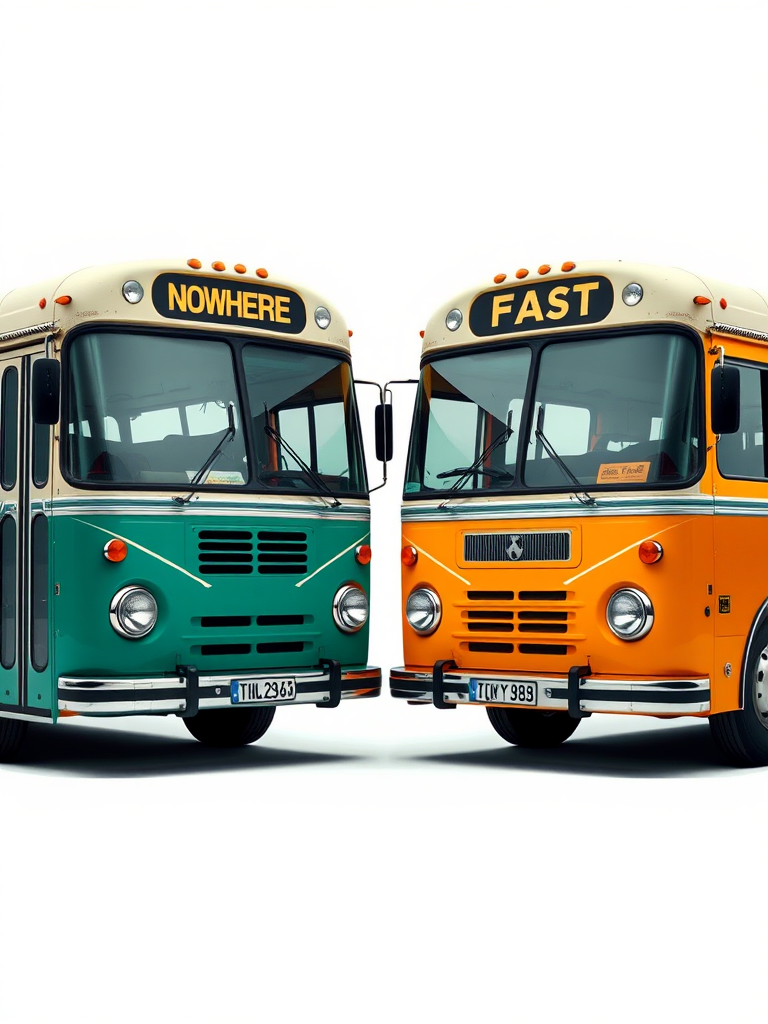 Create a high-resolution image of two vintage buses facing each other, one labeled "NOWHERE" and the other "FAST", with a clean white background, using a DSLR camera with a 50mm lens, aperture set to f/2.8 for shallow depth of field, ISO at 100 for clarity, and a slight vignetting effect to enhance focus on the buses.