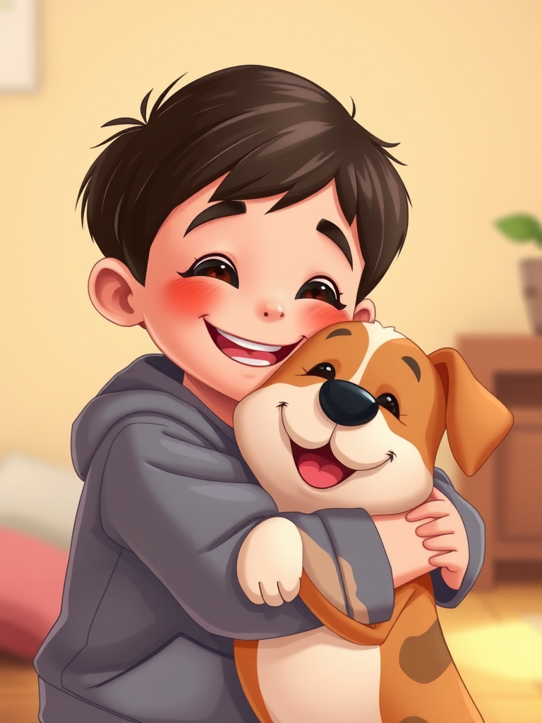 Regenerate an illustration of a smiling boy hugging a cute dog, with warm colors and cartoonish style, shot with a Canon EOS 5D Mark IV, 50mm lens, f/1.8, ISO 200, at eye level for enhanced detail and clarity.