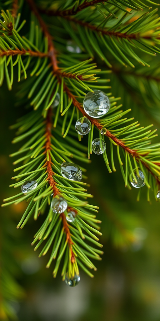 A close-up view of pine tree branches with fresh green needles and water droplets, captured with a DSLR camera, aperture f/2.8, shutter speed 1/250s, ISO 100, soft focus background for depth, enhanced color vibrancy and detail.