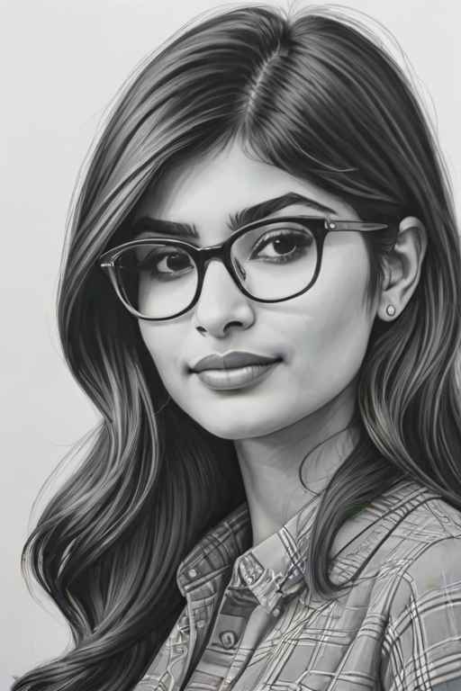 hot mia khalifa, pencil sketch, portrait of beautiful woman 60s in glasses, hair style beatnik, outline, clear lines, fine lines, 8k