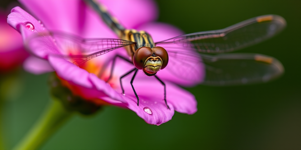 macro shot of a dragonfly perched on a pink flower with dew droplets, shallow depth of field, f/2.8 aperture, 1/200 sec shutter speed, ISO 100, 100mm macro lens, natural light, focus on the dragonfly's face with a soft bokeh background.