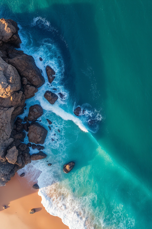 aerial view of a rocky coastline with turquoise ocean waves crashing against the shore, golden sandy beach, late afternoon light, camera type: drone, camera settings: ISO 100, f/4.0, shutter speed 1/200s, wide-angle lens, capture in high resolution for enhanced clarity