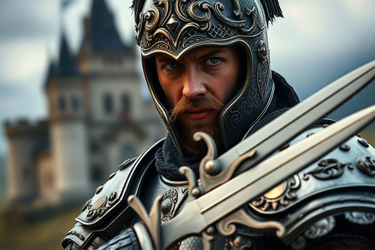 Create a highly detailed portrait of a medieval knight in ornate armor, holding a sword, with a castle in the background, shot with a DSLR camera at 50mm f/1.8, aperture set to f/2.8 for soft bokeh, ISO 100 for clarity, and a shallow depth of field, using a dramatic lighting style to enhance textures and colors.