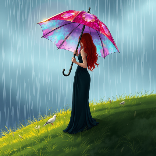 A surreal hand-drawn digital artwork depicting a mysterious red-haired woman standing on a grassy hill under the rain. She holds an umbrella crafted from iridescent zircon, its vibrant sheen contrasting with the soft, rainy atmosphere. The scene feels dreamlike, blending the natural elements of the hill and rain with the otherworldly shimmer of the umbrella.