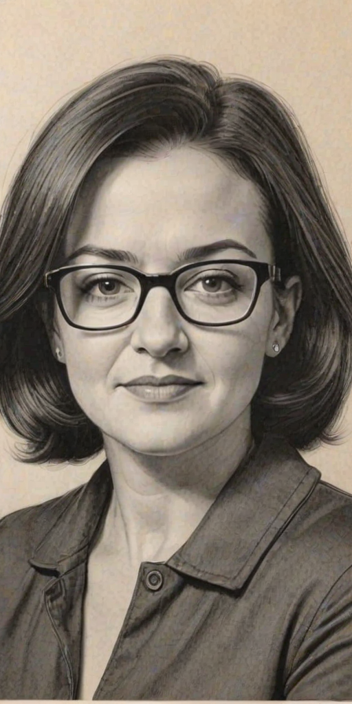 Superb Sheryl Sandberg, pencil sketch, portrait of Captivating woman 1921s in glasses, hair style beatnik, outline, clear lines, fine lines, 8k
