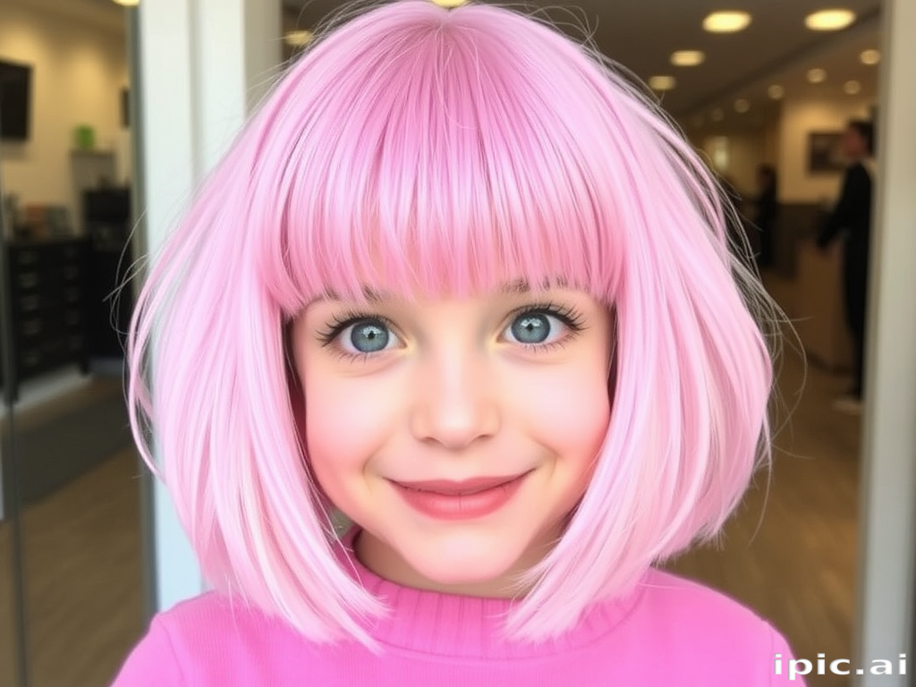 Playful bubblegum pink bob with blunt bangs and subtle lilac highlights, creating a whimsical and youthful appearance in the charming "Cotton Candy Dream" cut