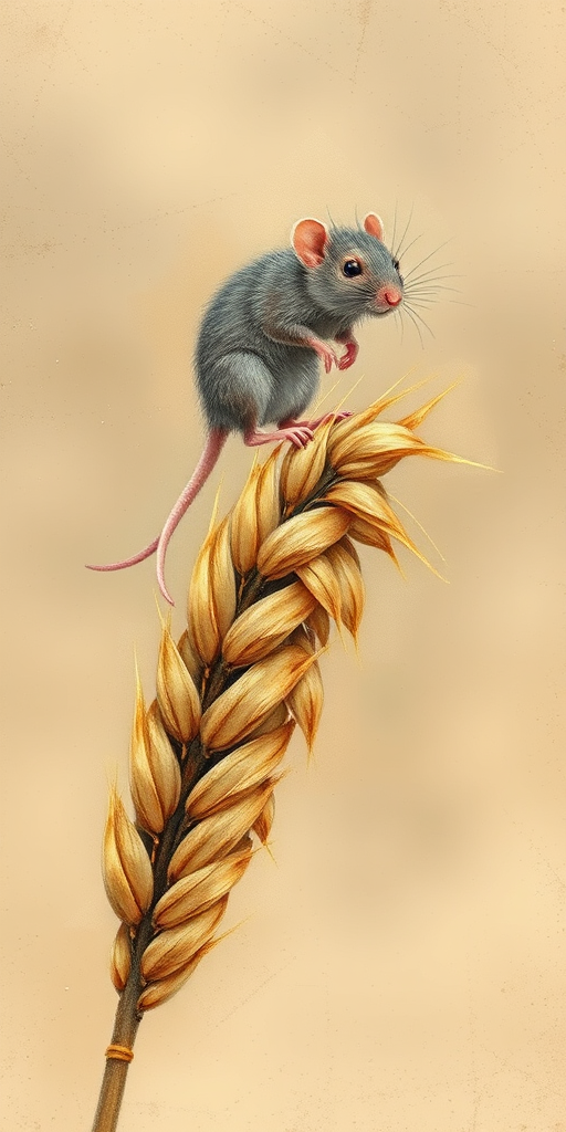 Soft, muted Alcohol Ink with ebru effect background image of tiny whimsical rat, who climbed high on the top of a golden rye ear.