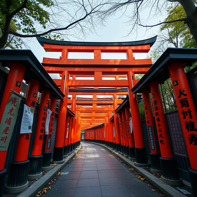 create a high-resolution image of a torii gate pathway with vibrant orange gates and intricate script, using a DSLR camera, 24mm lens, f/8 aperture, ISO 200, 1/125 sec shutter speed, low angle view with natural lighting to capture depth and detail in the surroundings