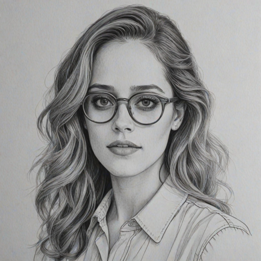 Captivating Carly Chaikin, pencil sketch, portrait of Charming woman 1978s in glasses, hair style beatnik, outline, clear lines, fine lines, 8k