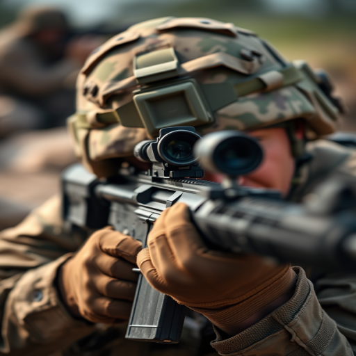 A soldier aiming a rifle in a combat environment, close-up shot, shallow depth of field, ISO 400, f/2.8, 1/500s, 50mm lens, DSLR camera, natural lighting.