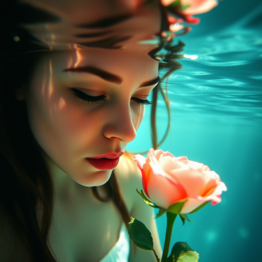A woman underwater, gazing at a rose Her face is reflected in the water's surface The scene is illuminated by sunlight filtering through the water The atmosphere is serene and contemplative