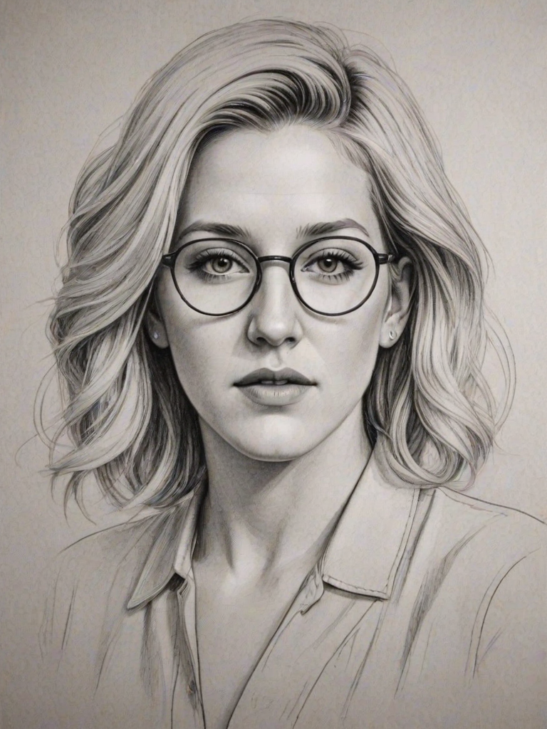 Fetching Ellie Goulding, pencil sketch, portrait of Superb woman 1928s in glasses, hair style beatnik, outline, clear lines, fine lines, 8k