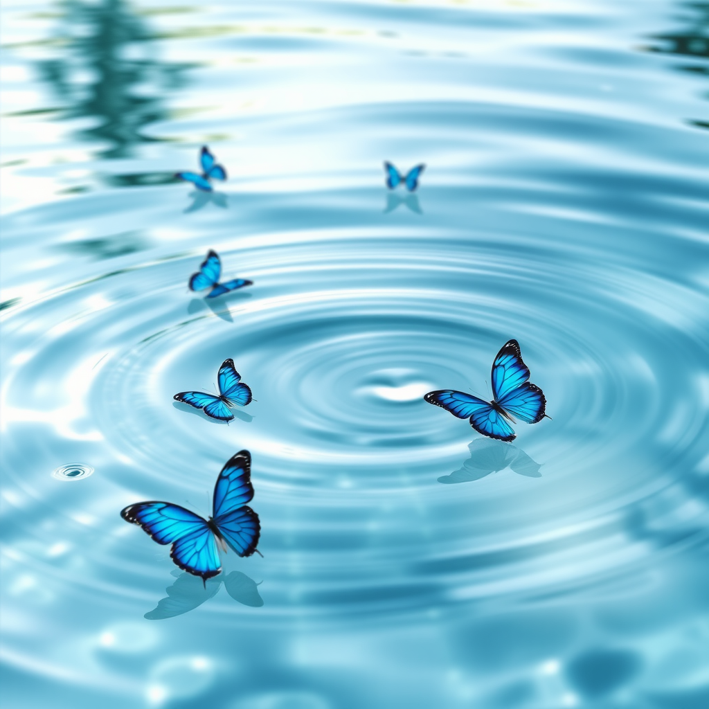 Generate an image of serene water with gentle ripples, featuring several vibrant blue butterflies gracefully floating on the surface. The scene should capture the play of light reflecting off the water, creating a tranquil and dreamy atmosphere.