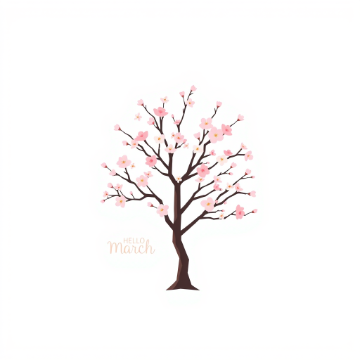 Create a minimalist illustration featuring a pink cherry blossom tree with a white background, accompanied by the text "Hello March" in a stylish font.