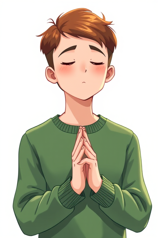 Generate a digital illustration of a young man with short brown hair, wearing a green sweater, praying with his hands clasped together, using a high-resolution digital drawing style, 300 DPI, with a focus on soft lighting and smooth color gradients.